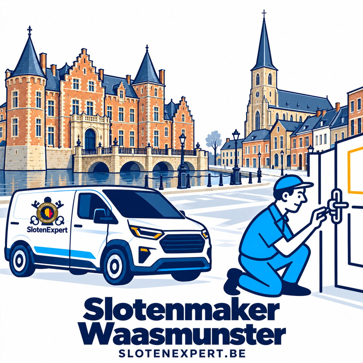 SlotenExpert-technieker met camionette en de lokale skyline van Waasmunster