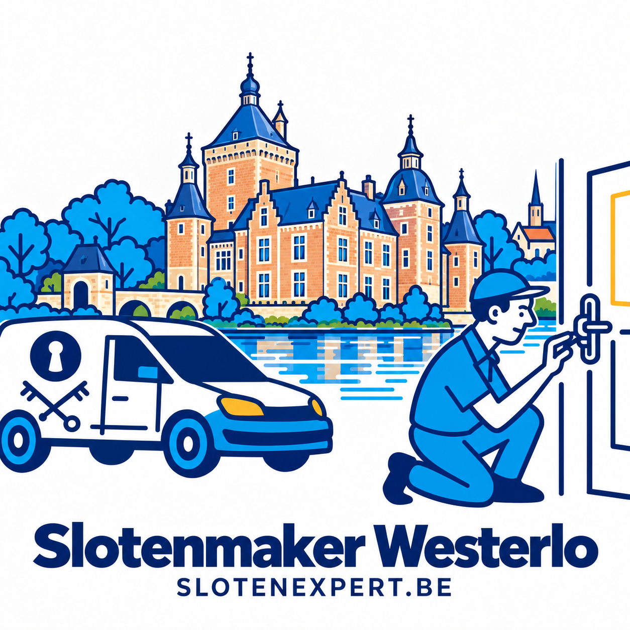 Illustratie van een SlotenExpert-technieker met camionette en de skyline van Westerlo