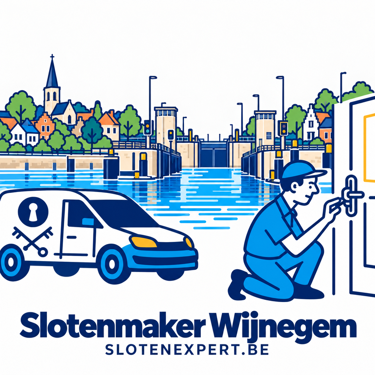 Illustratie van een SlotenExpert-technieker met camionette en de skyline van Wijnegem
