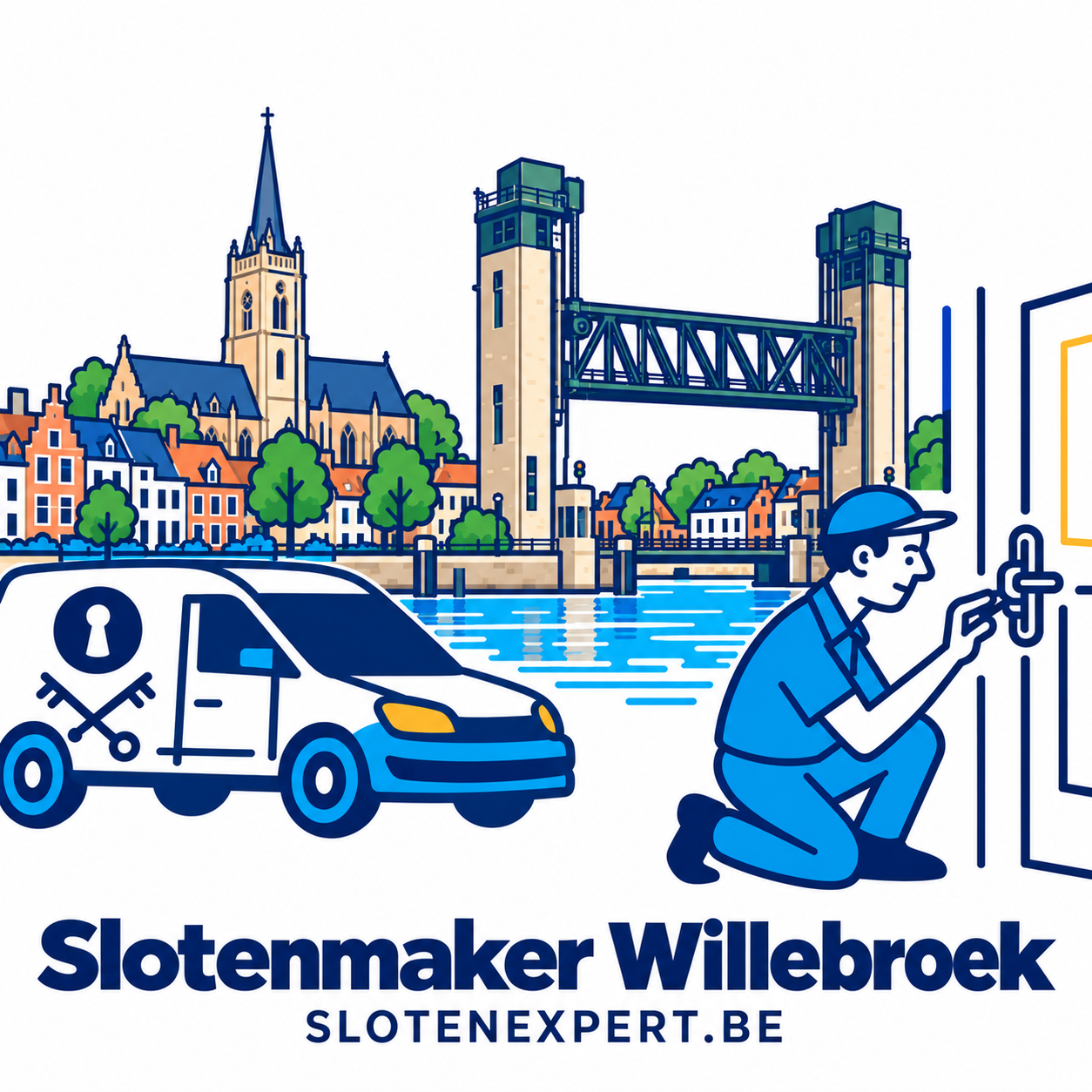 Illustratie van een SlotenExpert-technieker met camionette en de skyline van Willebroek