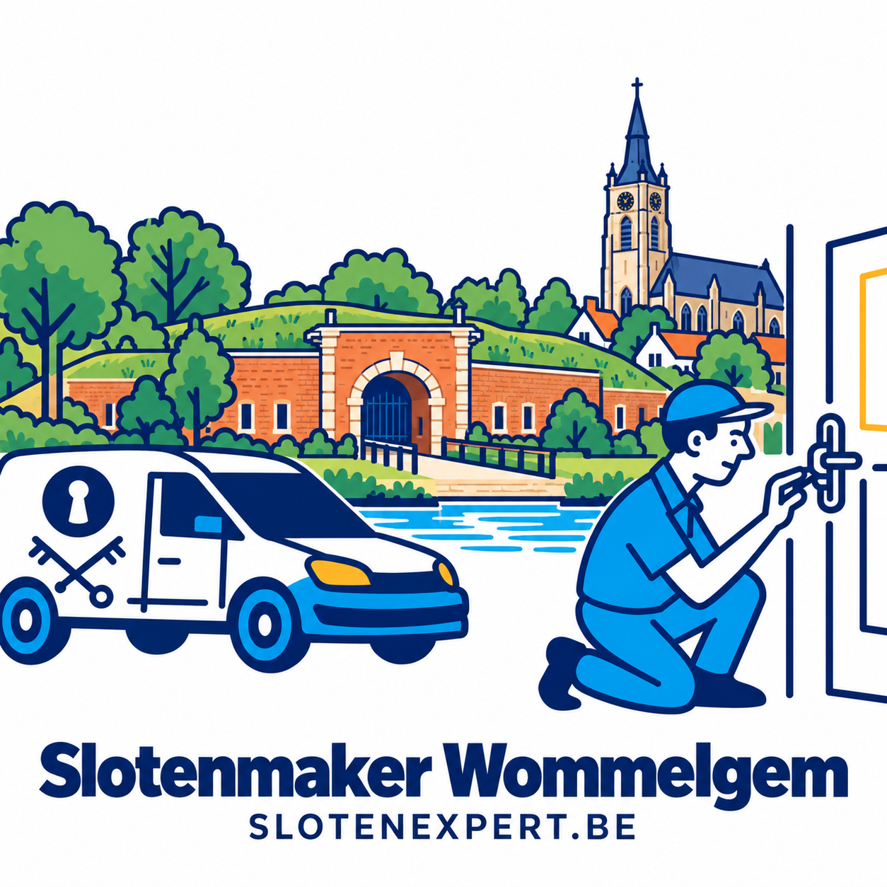 Illustratie van een SlotenExpert-technieker met camionette en de skyline van Wommelgem