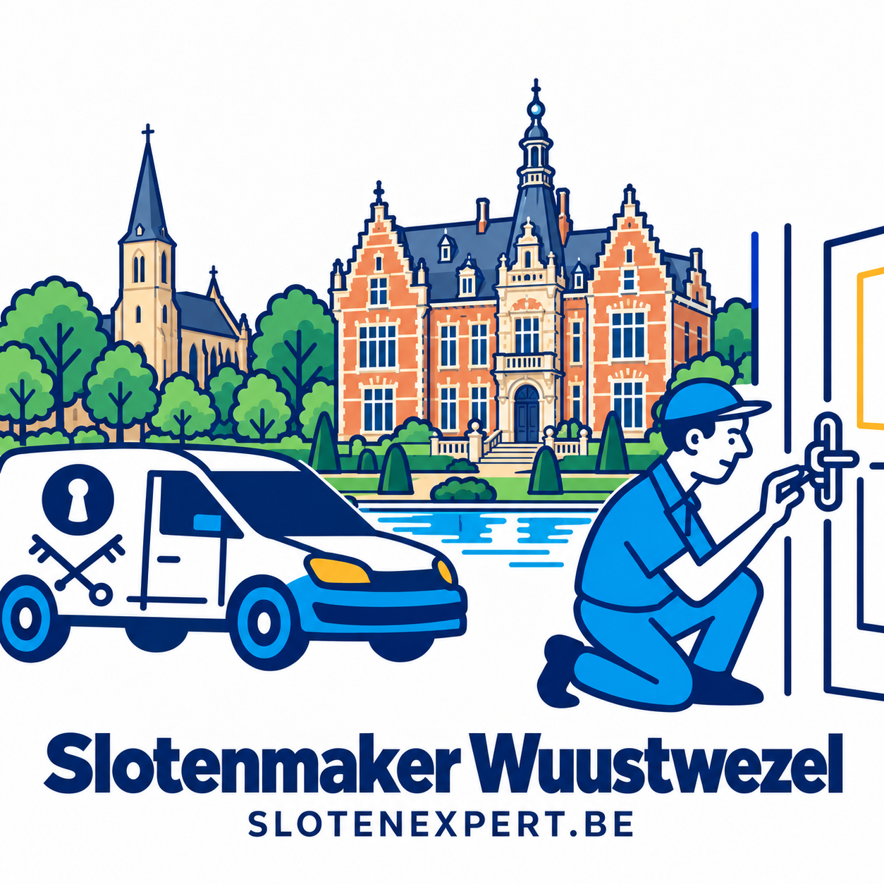 Illustratie van een SlotenExpert-technieker met camionette en de skyline van Wuustwezel