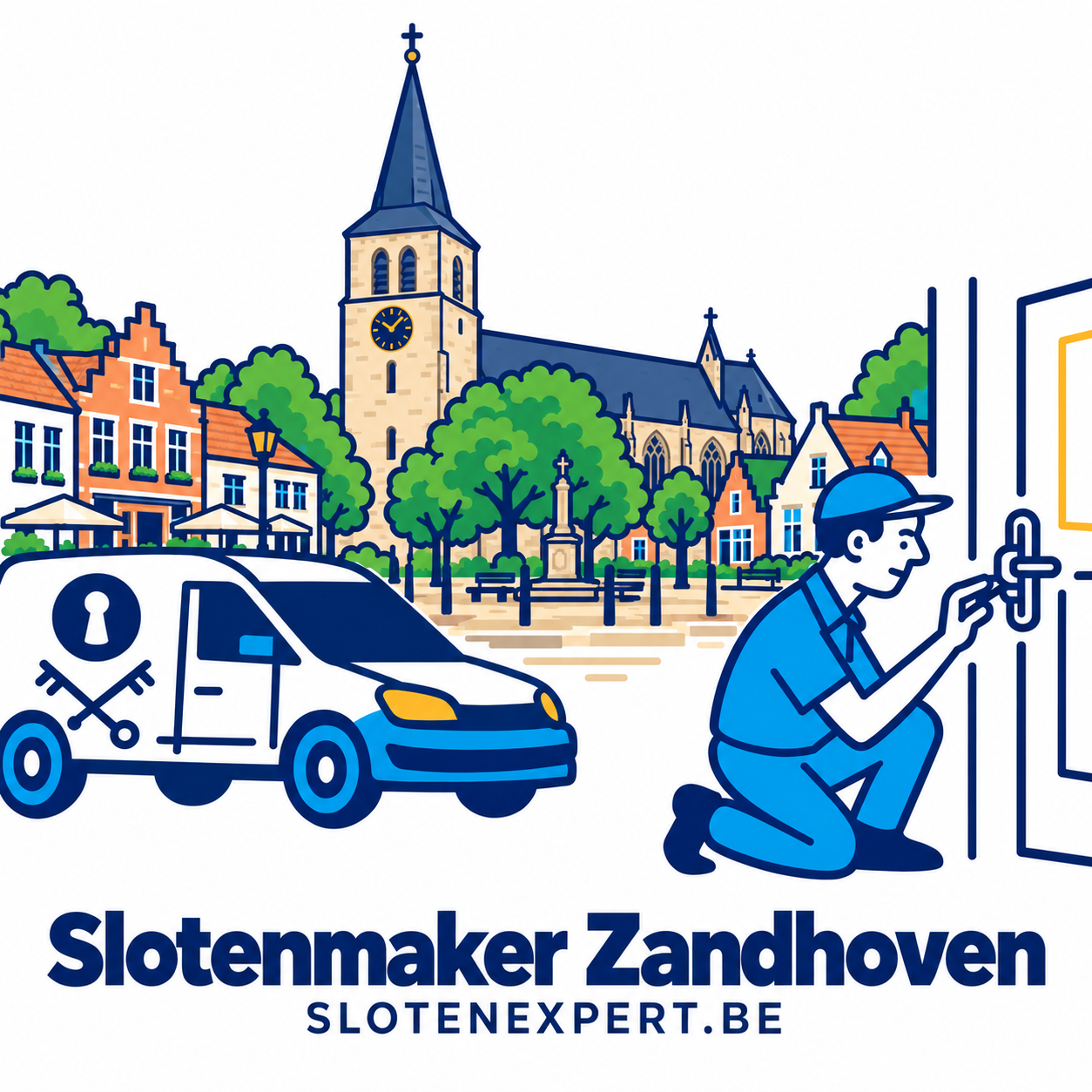 Illustratie van een SlotenExpert-technieker met camionette en de skyline van Zandhoven