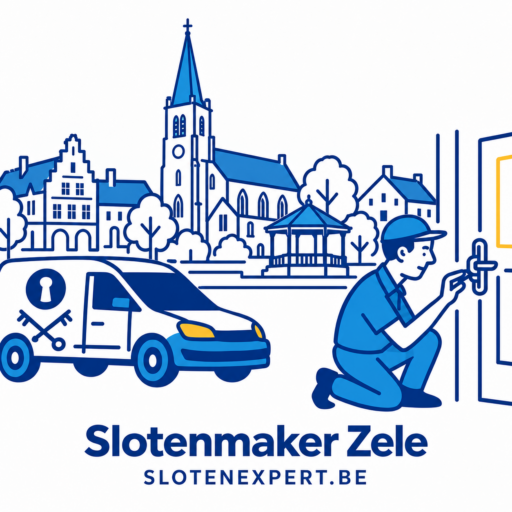 Blauwe SlotenExpert slotenmaker met camionette en geïllustreerde skyline van Zele