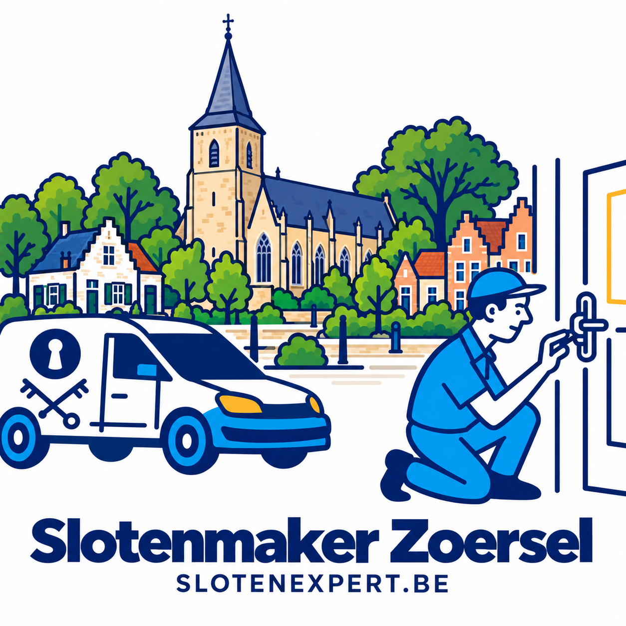 Illustratie van een SlotenExpert-technieker met camionette en de skyline van Zoersel