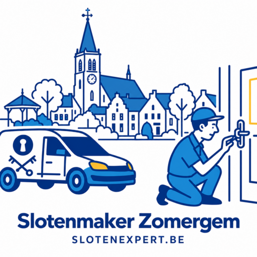 Blauwe SlotenExpert slotenmaker met camionette en geïllustreerde skyline van Zomergem
