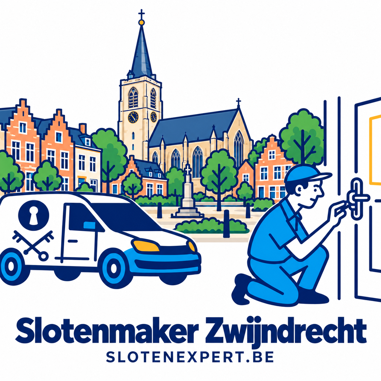 Illustratie van een SlotenExpert-technieker met camionette en de skyline van Zwijndrecht