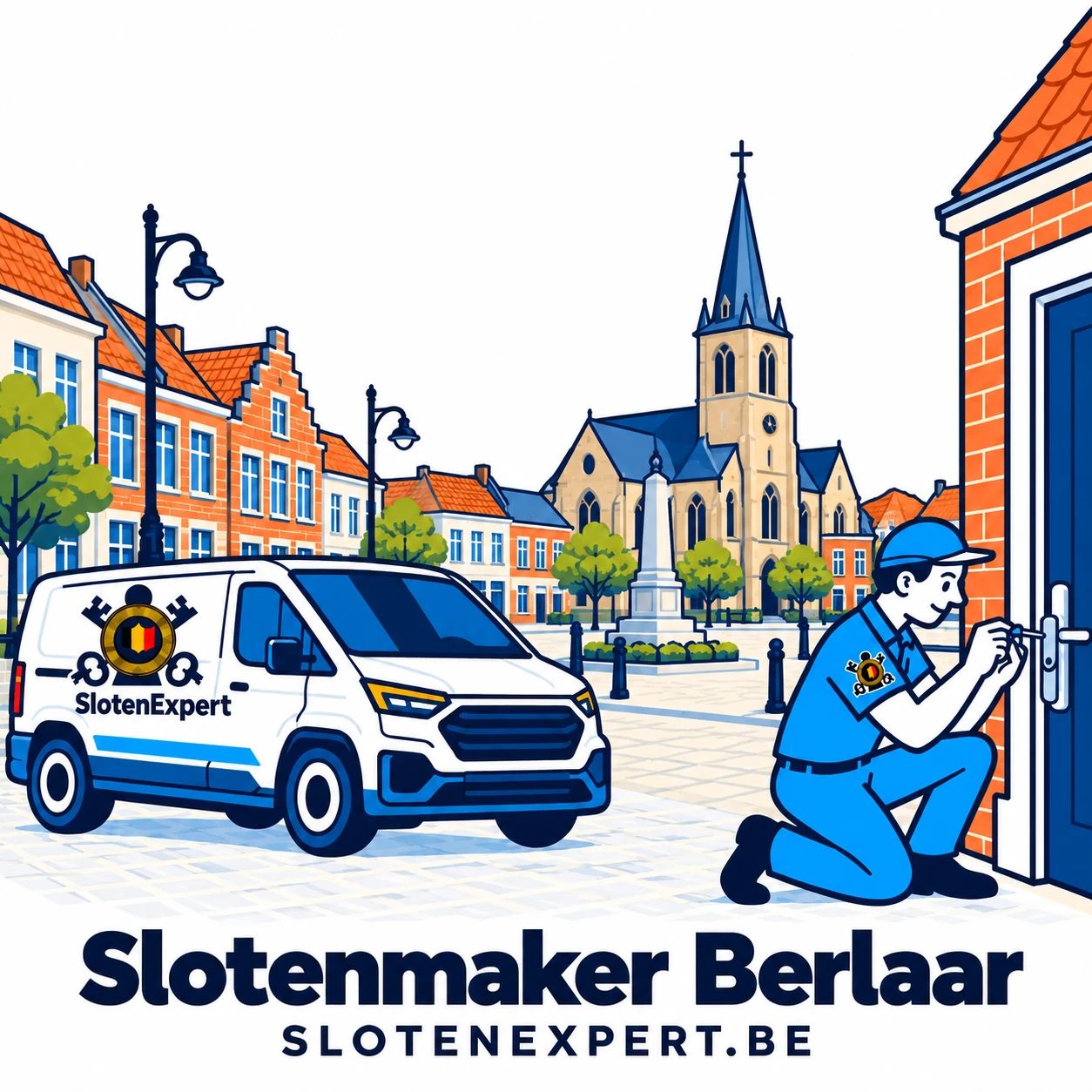 Blauwe SlotenExpert-technieker met camionette en lokale skyline voor Berlaar