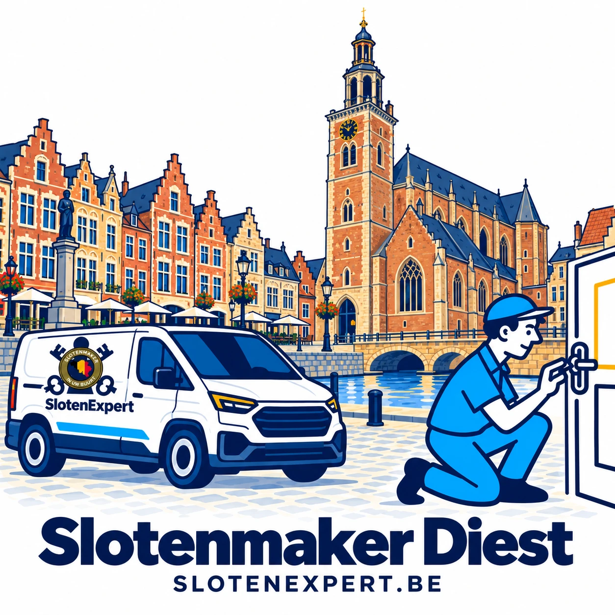 Blauwe SlotenExpert-technieker met camionette en lokale architectuur van Diest