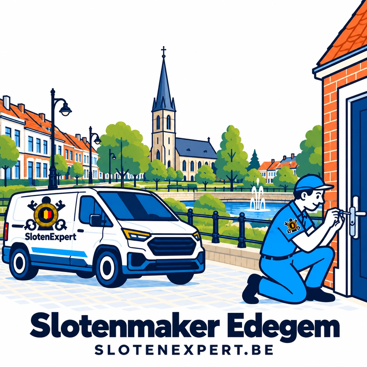 Blauwe SlotenExpert-technieker met camionette en lokale skyline voor Edegem