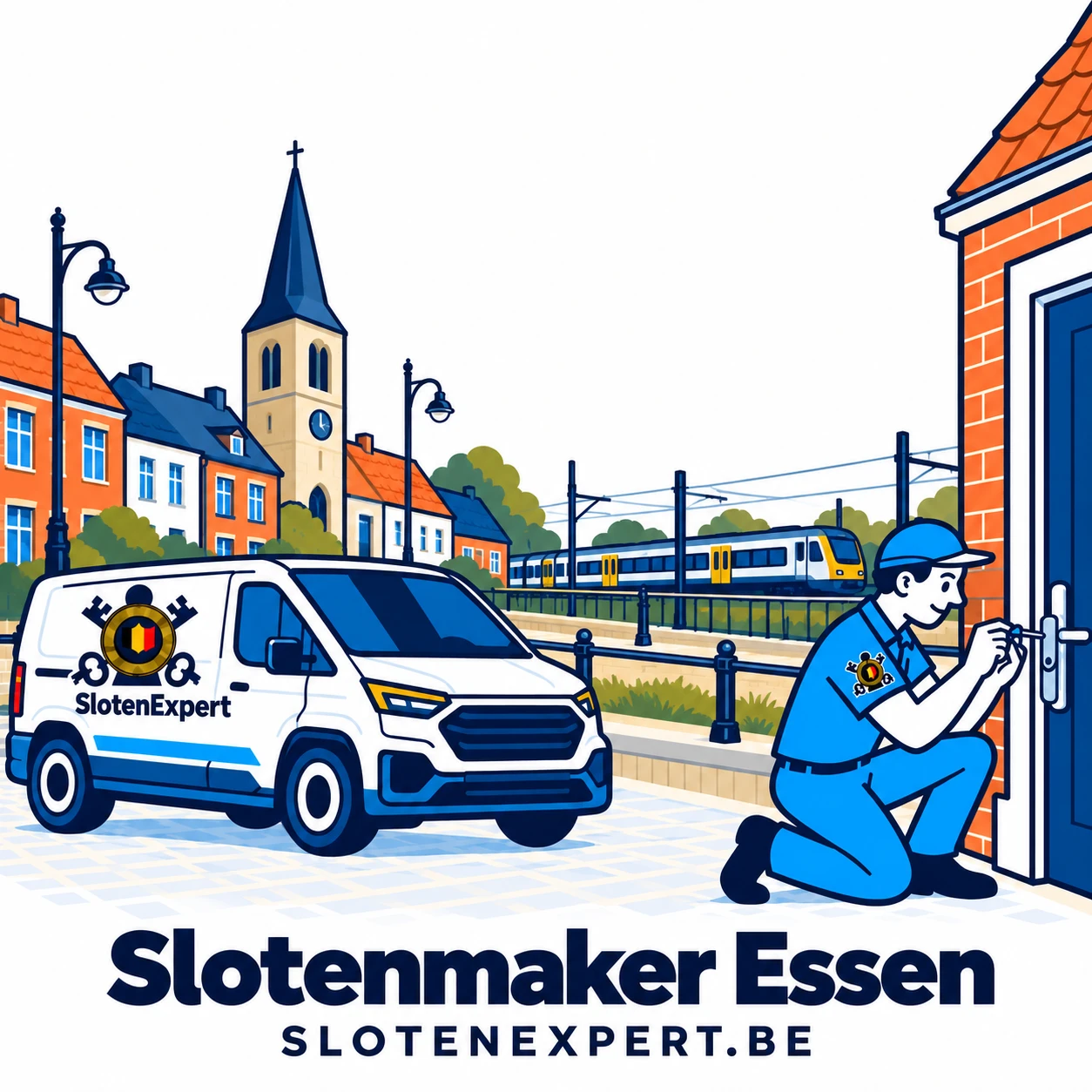 Blauwe SlotenExpert-technieker met camionette en lokale skyline voor Essen