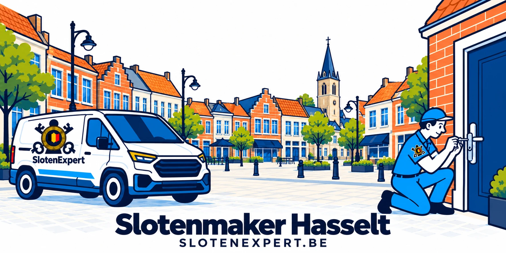 Brede illustratie van een SlotenExpert-technieker en servicewagen in Hasselt