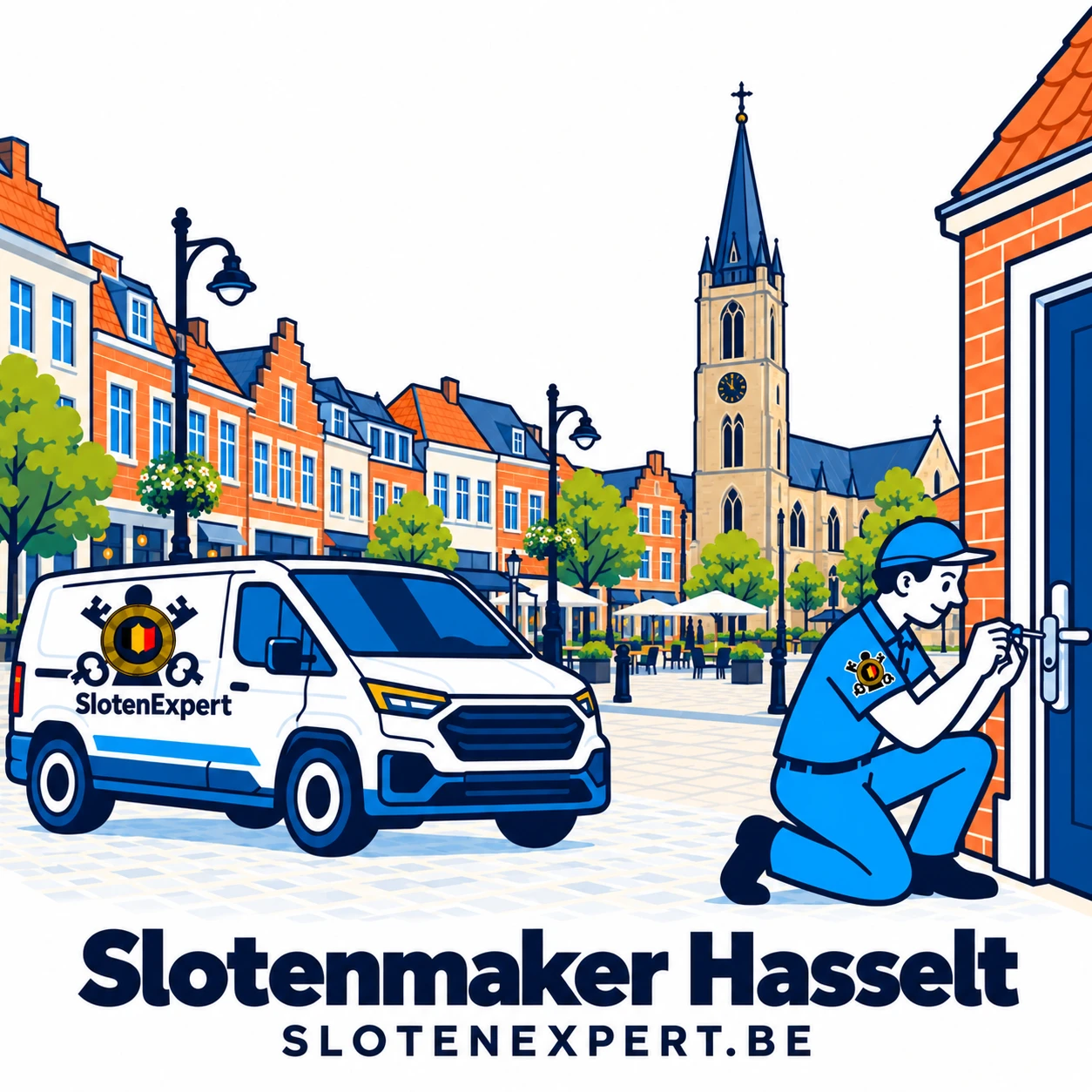 Blauwe SlotenExpert-technieker met camionette en lokale skyline voor Hasselt