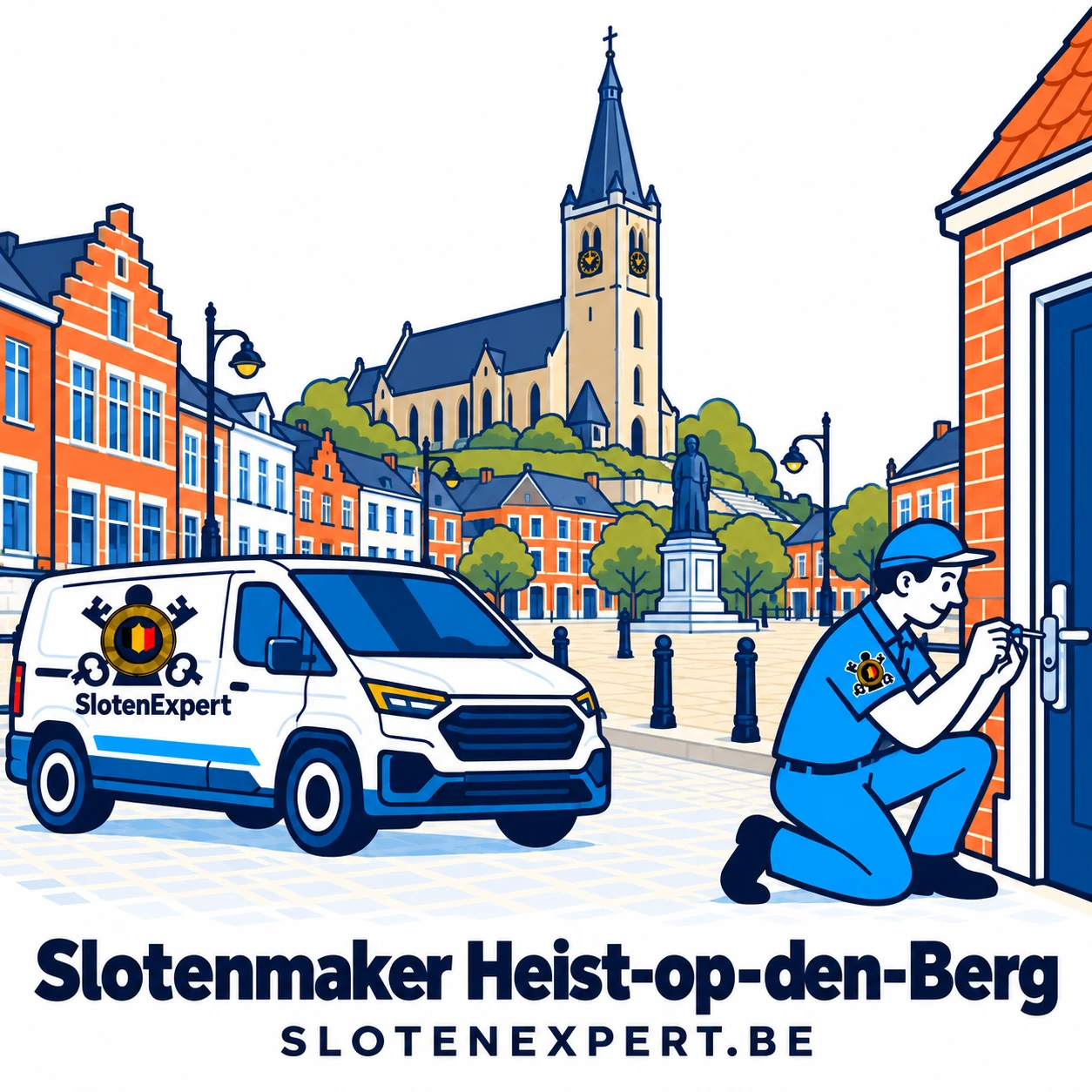 Blauwe SlotenExpert-technieker met camionette en lokale skyline voor Heist-op-den-Berg