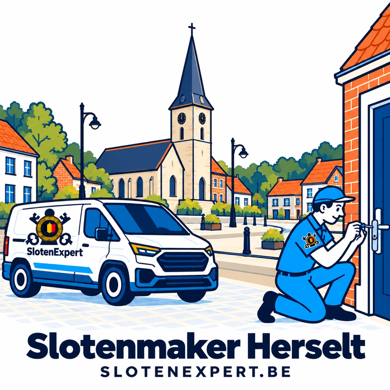Blauwe SlotenExpert-technieker met camionette en lokale skyline voor Herselt