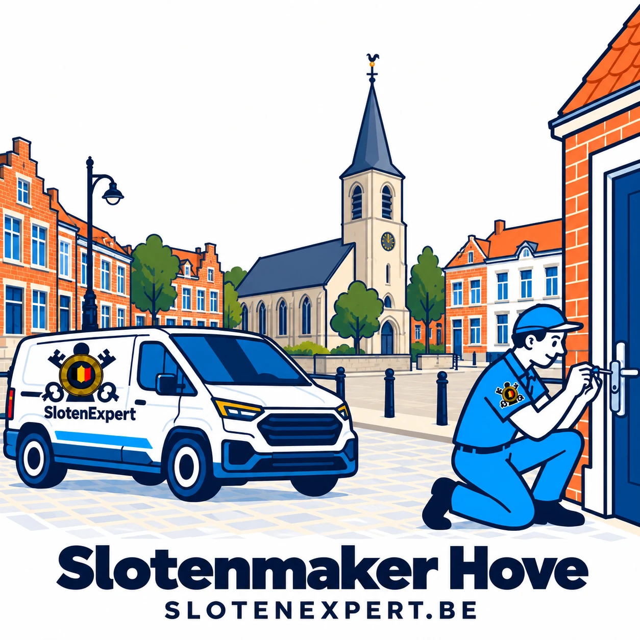 Blauwe SlotenExpert-technieker met camionette en lokale skyline voor Hove
