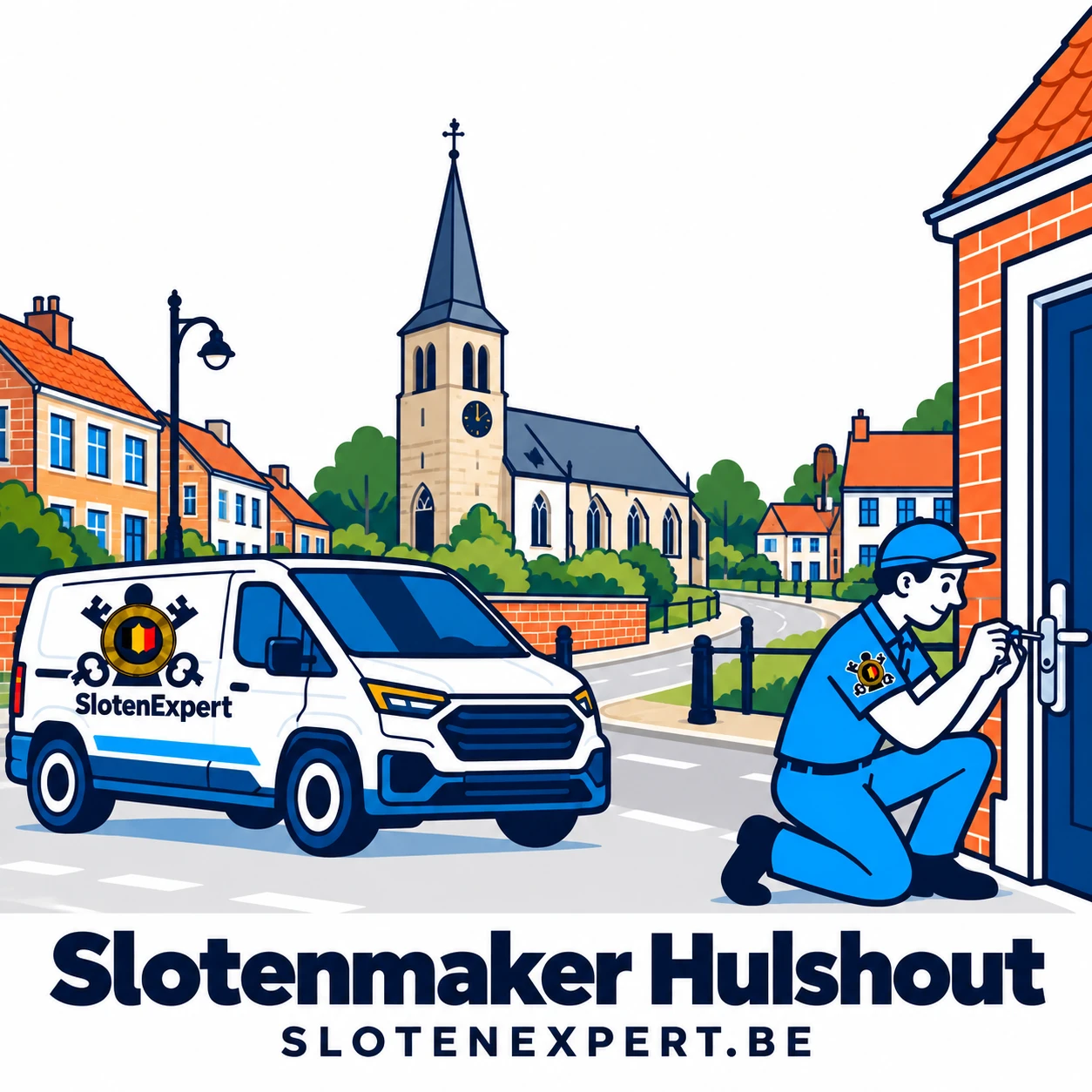 Blauwe SlotenExpert-technieker met camionette en lokale skyline voor Hulshout