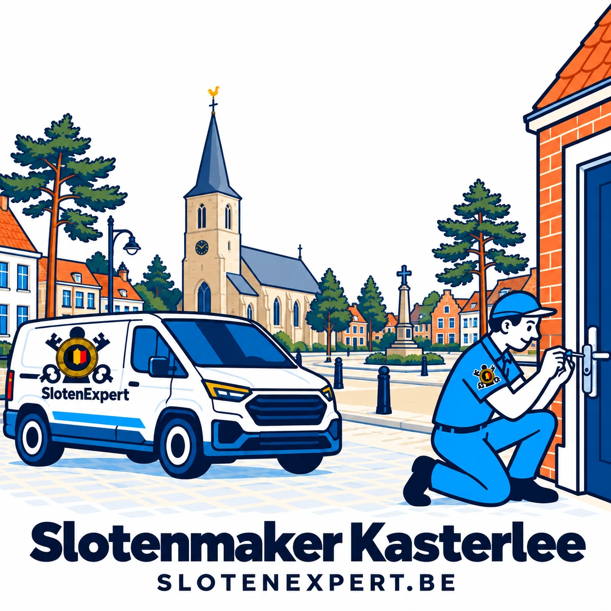 Blauwe SlotenExpert-technieker met camionette en lokale skyline voor Kasterlee