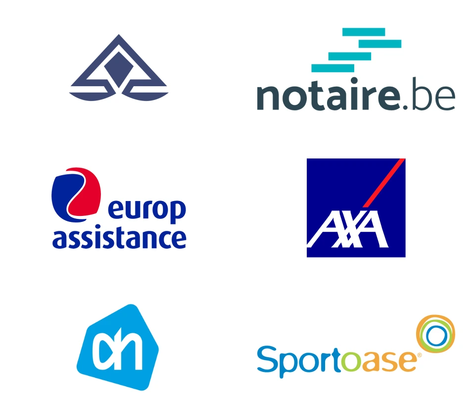 Logo’s: Belgisch notariaat, notaire.be, Europ Assistance, AXA, Albert Heijn en Sportoase