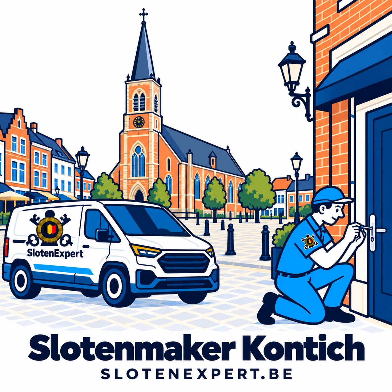 Blauwe SlotenExpert-technieker met camionette en lokale skyline voor Kontich