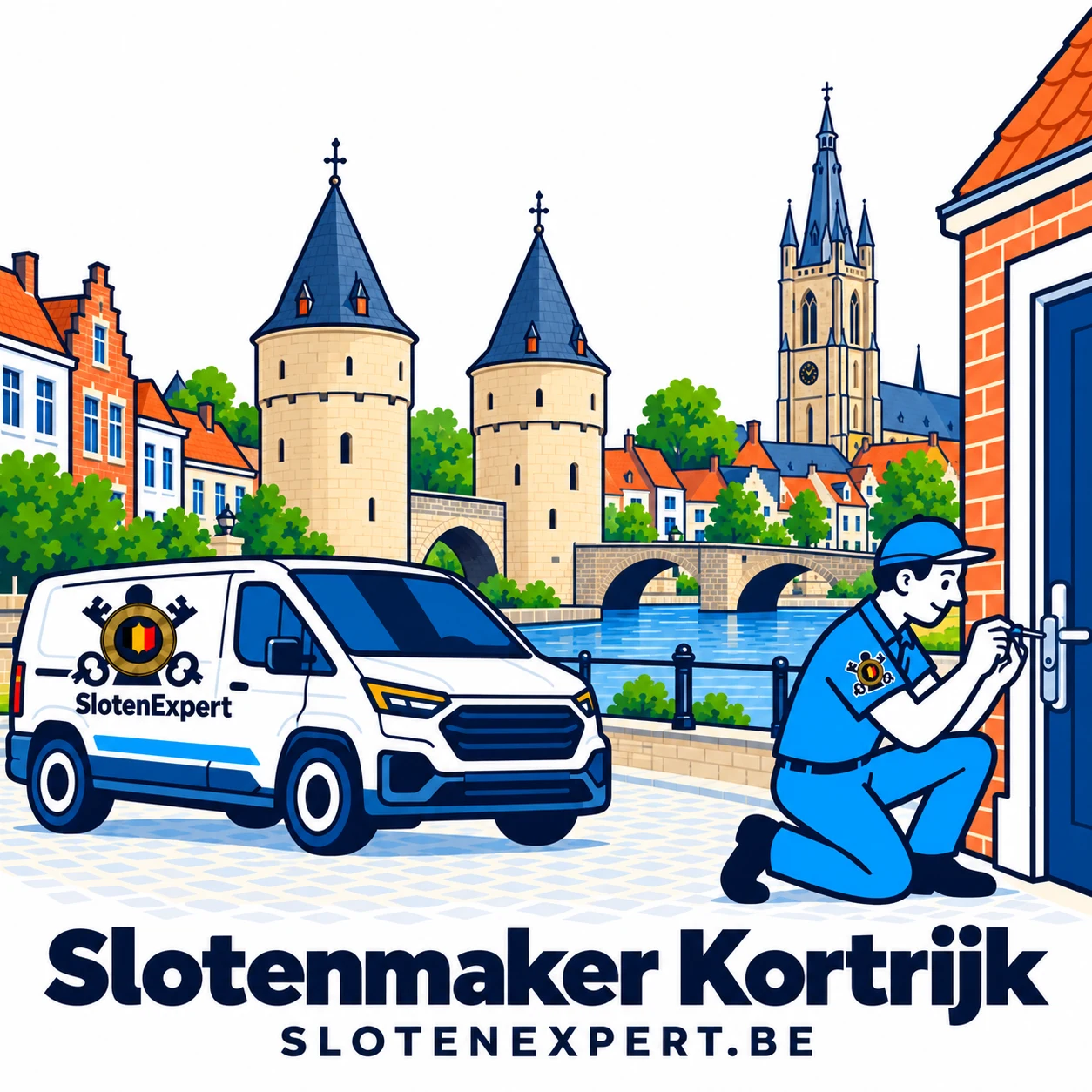 Blauwe SlotenExpert-technieker met camionette en lokale skyline voor Kortrijk
