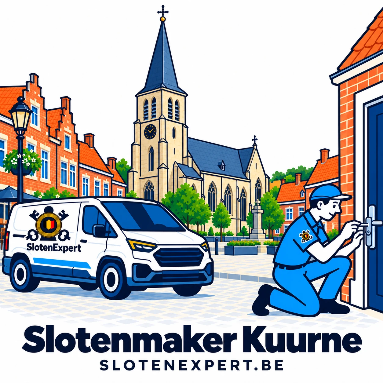 Blauwe SlotenExpert-technieker met camionette en lokale skyline voor Kuurne