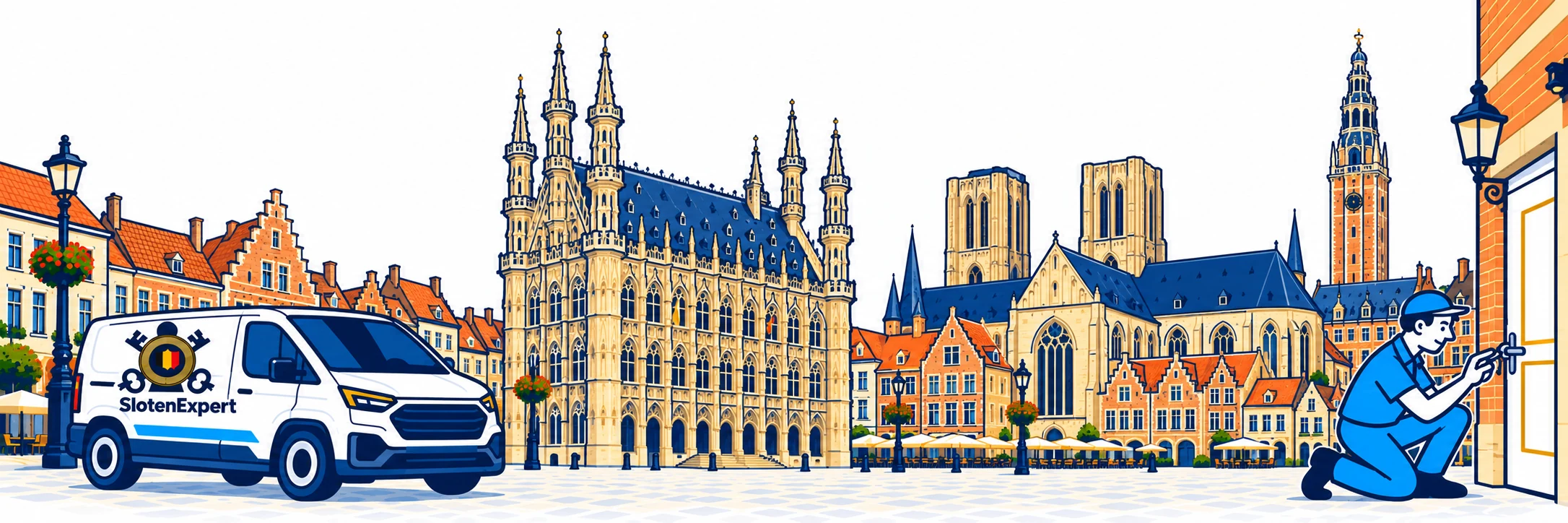 Brede illustratie van SlotenExpert met blauwe technieker en camionette voor de Leuvense skyline