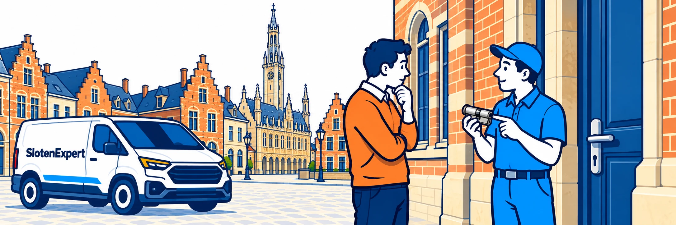 Brede illustratie van een SlotenExpert-technieker die een Leuvense toegang en cilinder met een bewoner bespreekt
