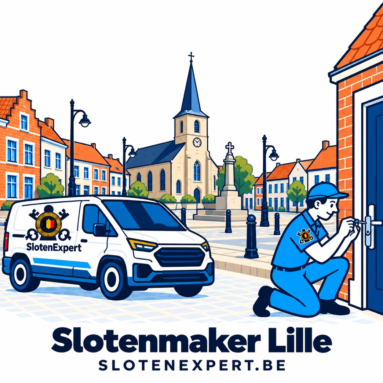 Blauwe SlotenExpert-technieker met camionette en lokale skyline voor Lille
