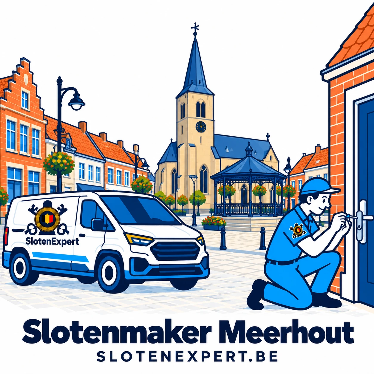 Blauwe SlotenExpert-technieker met camionette en lokale skyline voor Meerhout
