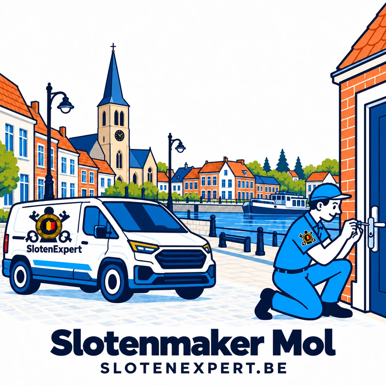 Blauwe SlotenExpert-technieker met camionette en lokale skyline voor Mol
