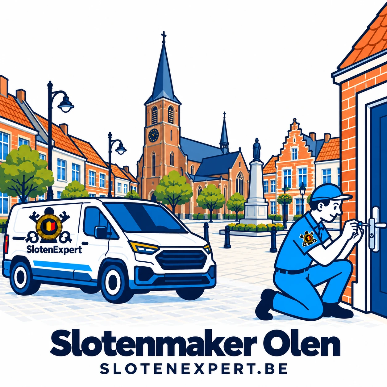 Blauwe SlotenExpert-technieker met camionette en lokale skyline voor Olen