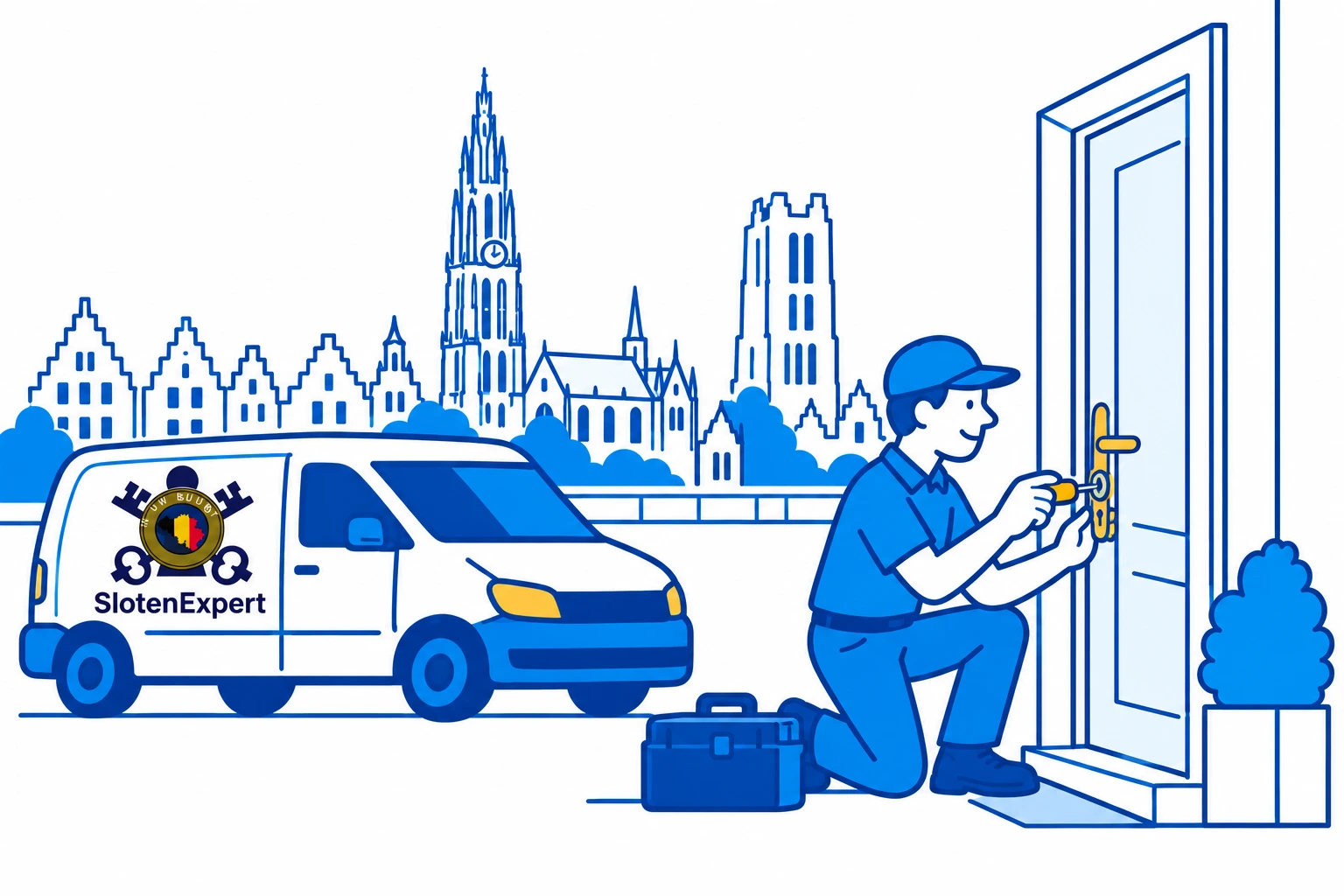 SlotenExpert-slotenmaker met servicewagen en regionale skyline van Antwerpen.