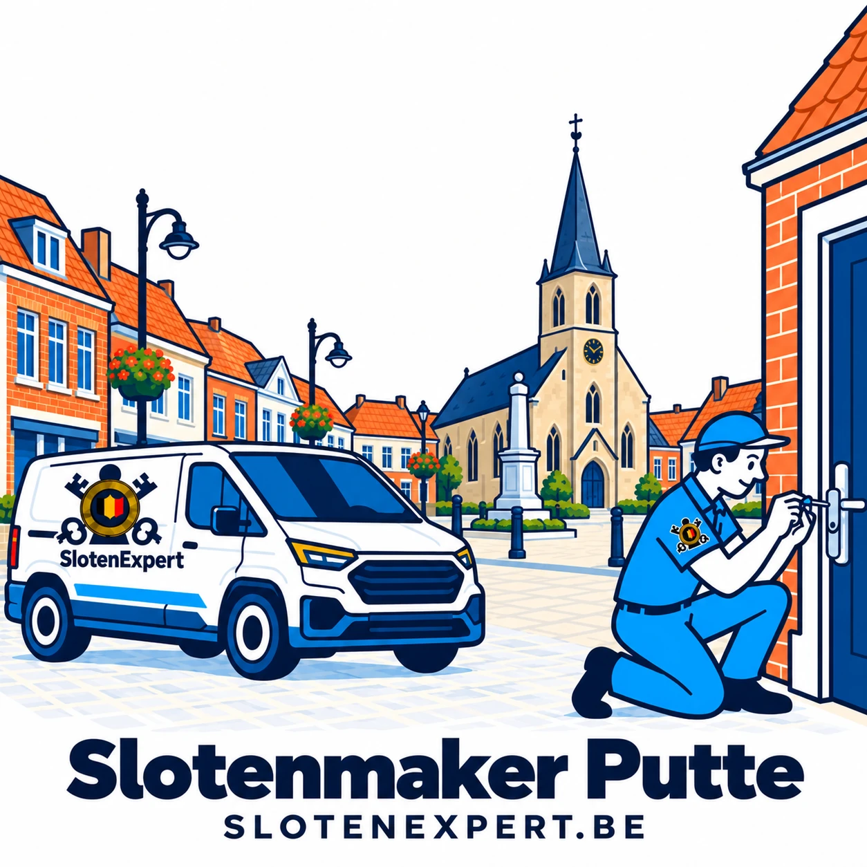 Blauwe SlotenExpert-technieker met camionette en lokale skyline voor Putte