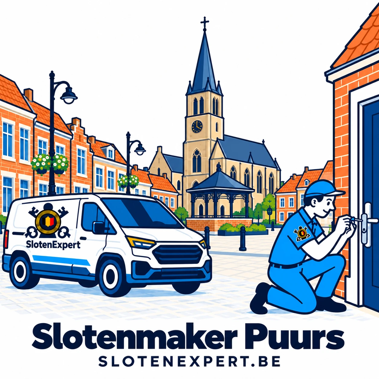 Blauwe SlotenExpert-technieker met camionette en lokale skyline voor Puurs
