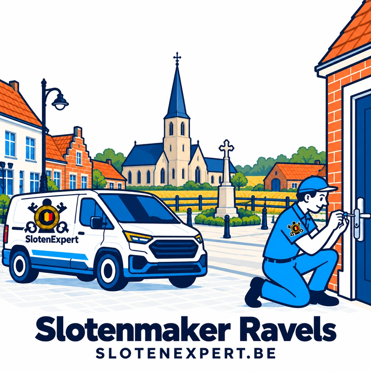 Blauwe SlotenExpert-technieker met camionette en lokale skyline voor Ravels