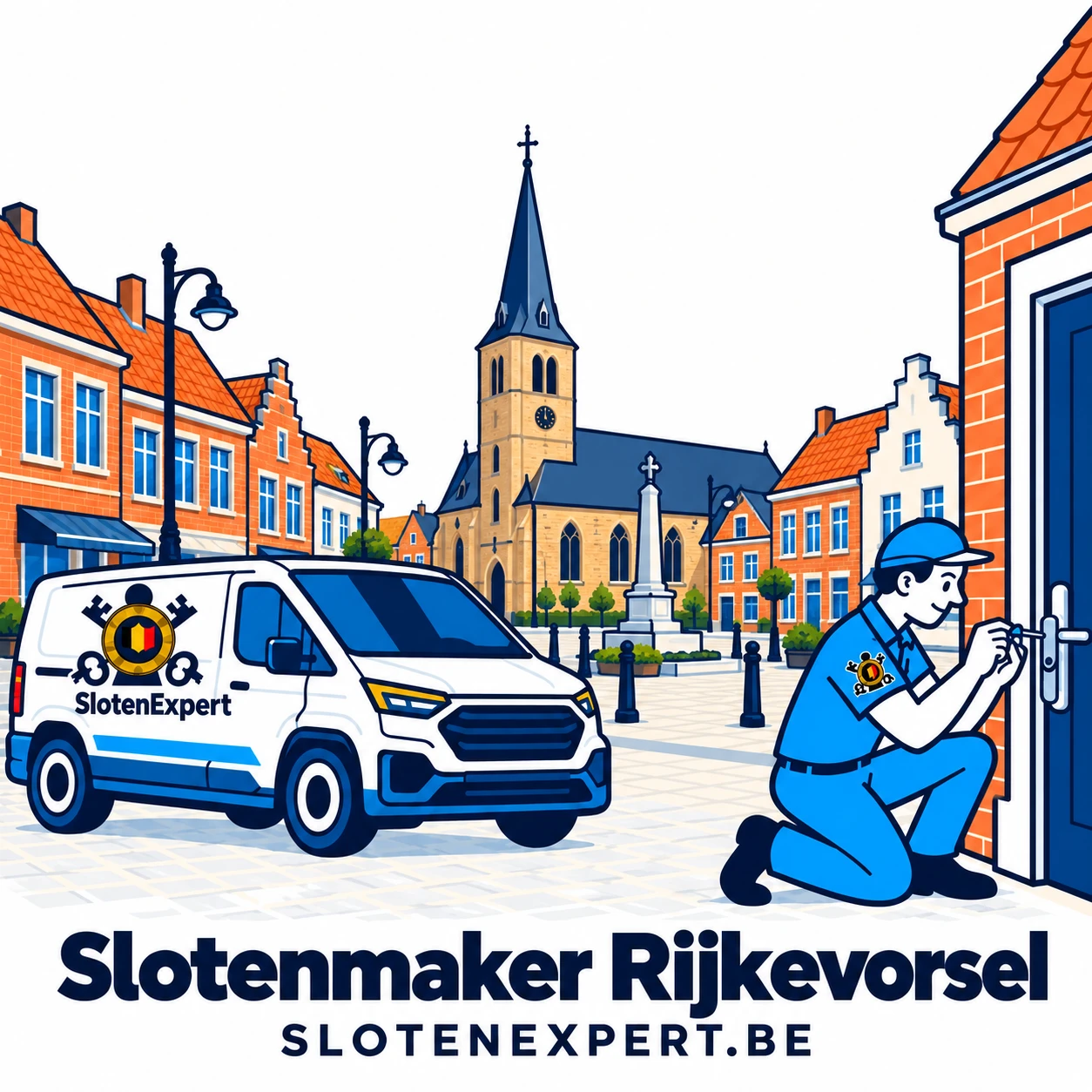 Blauwe SlotenExpert-technieker met camionette en lokale skyline voor Rijkevorsel