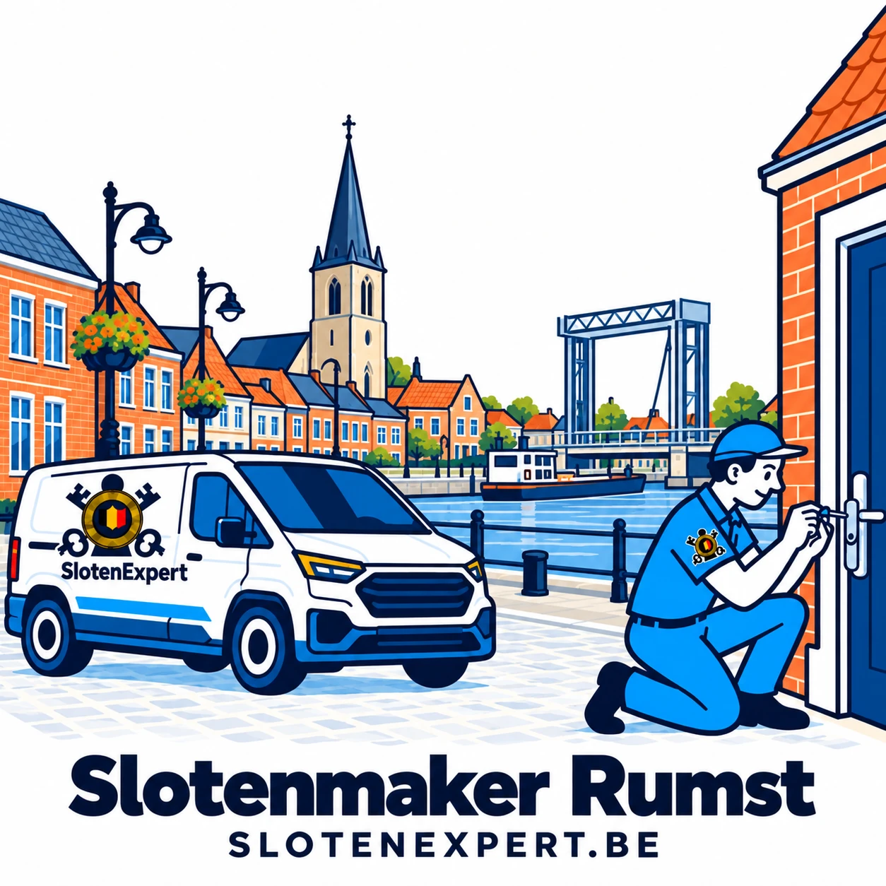Blauwe SlotenExpert-technieker met camionette en lokale skyline voor Rumst