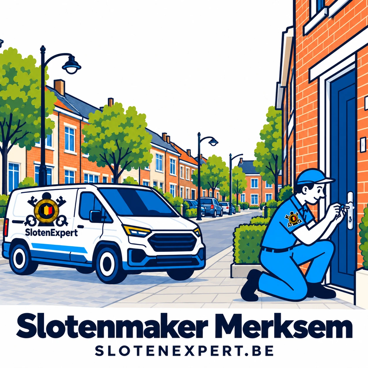 Blauwe SlotenExpert-technieker met camionette en lokale skyline voor Merksem