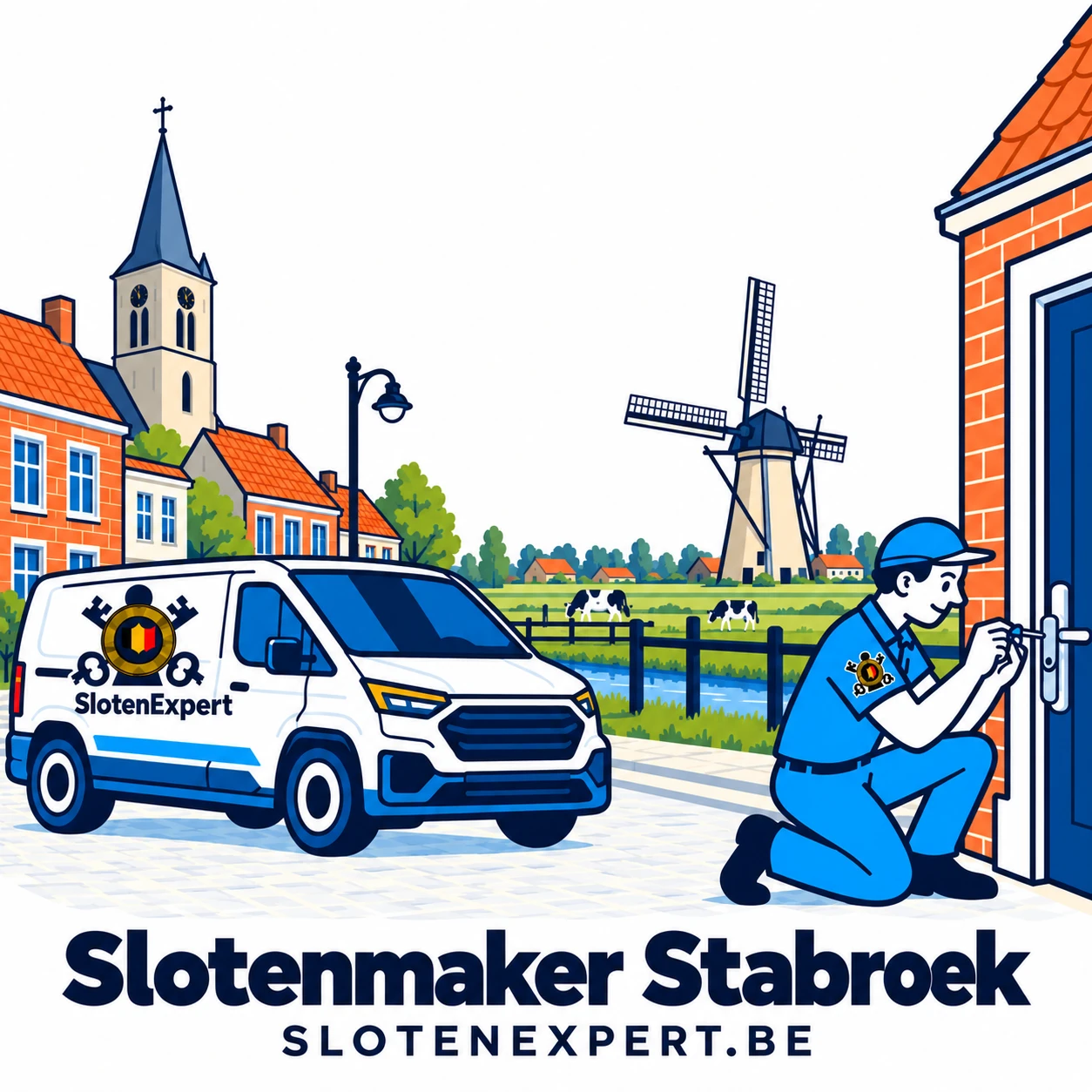 Blauwe SlotenExpert-technieker met camionette en lokale skyline voor Stabroek