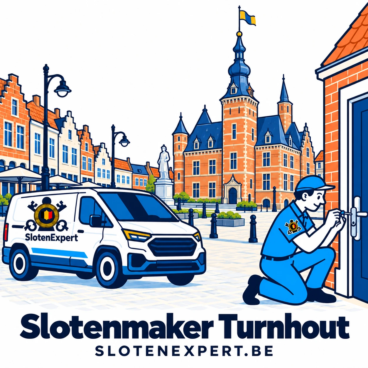 Blauwe SlotenExpert-technieker met camionette en lokale skyline voor Turnhout