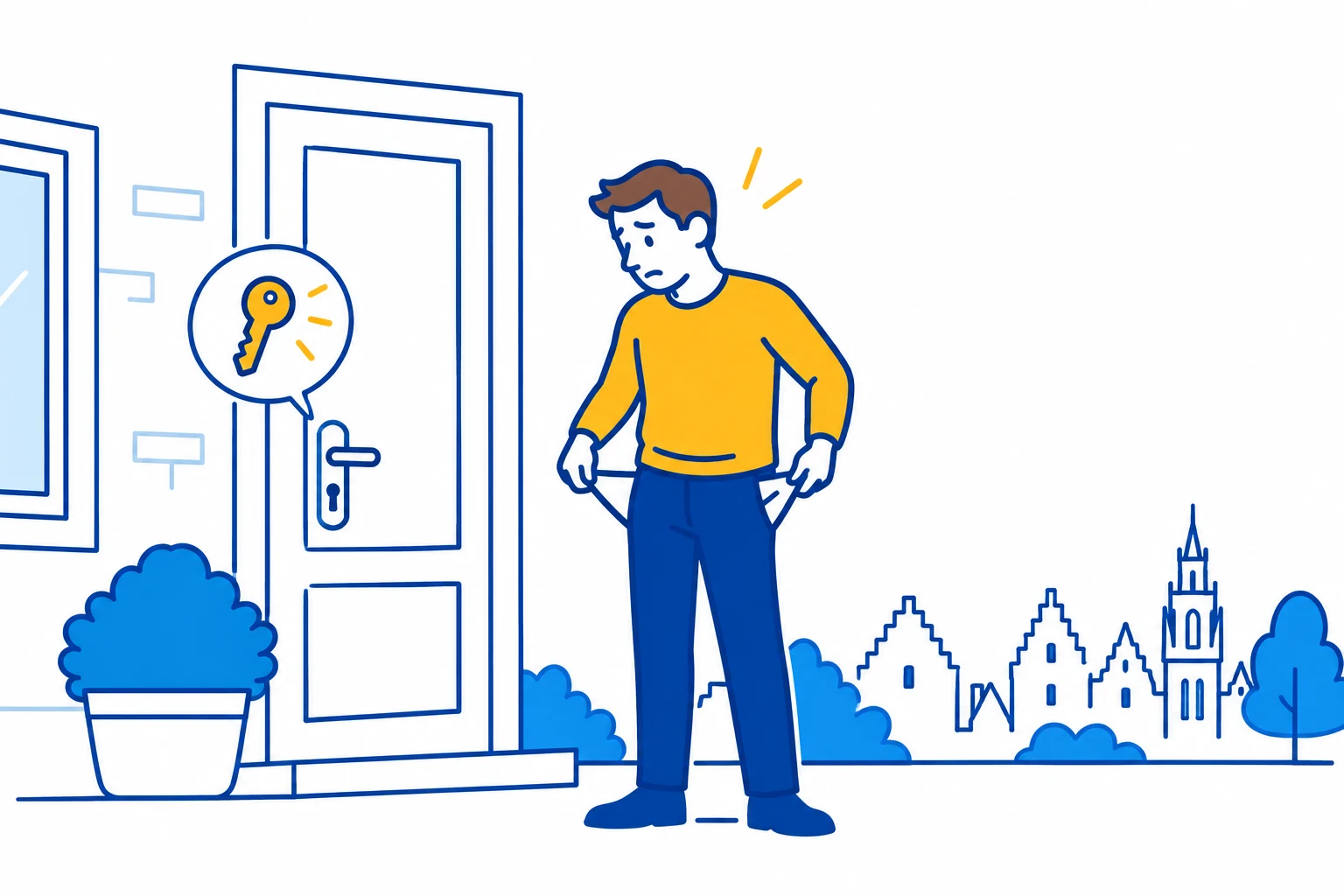 Illustratie van een klant die buitengesloten staat bij zijn voordeur.