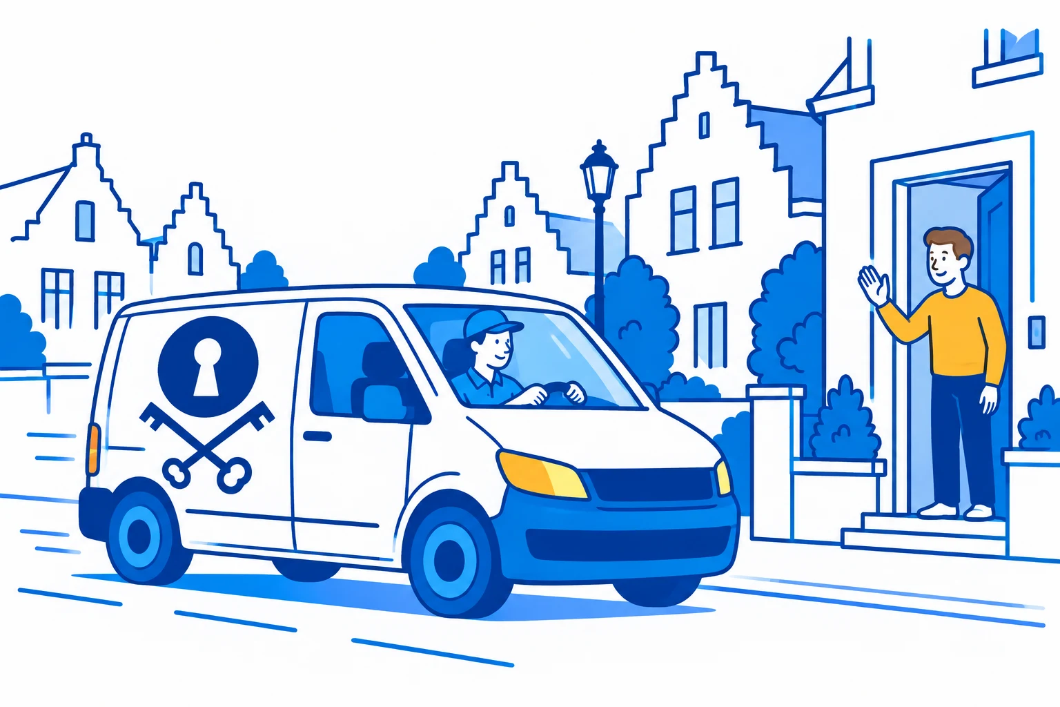 Illustratie van een SlotenExpert-technieker onderweg met de servicewagen.