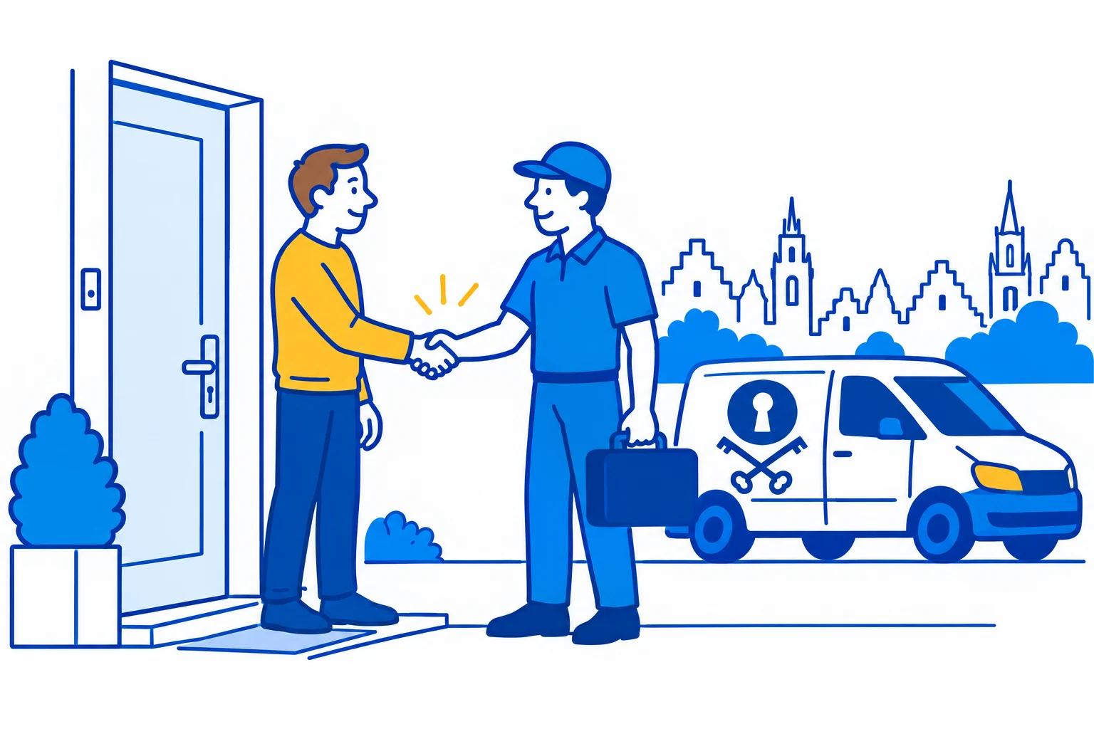 Illustratie van een opgeluchte klant die de SlotenExpert-technieker verwelkomt.