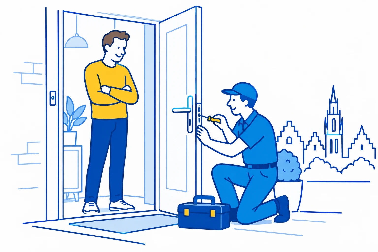 Illustratie van een SlotenExpert-technieker die het slot aan een voordeur herstelt.