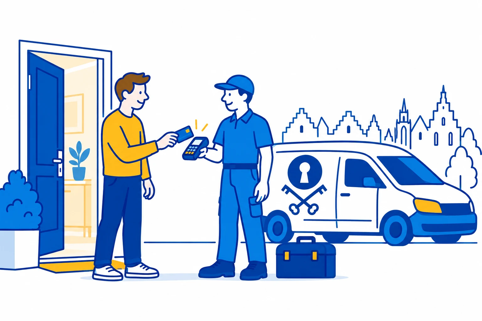 Illustratie van een tevreden klant die na de werkzaamheden bij de technieker afrekent.