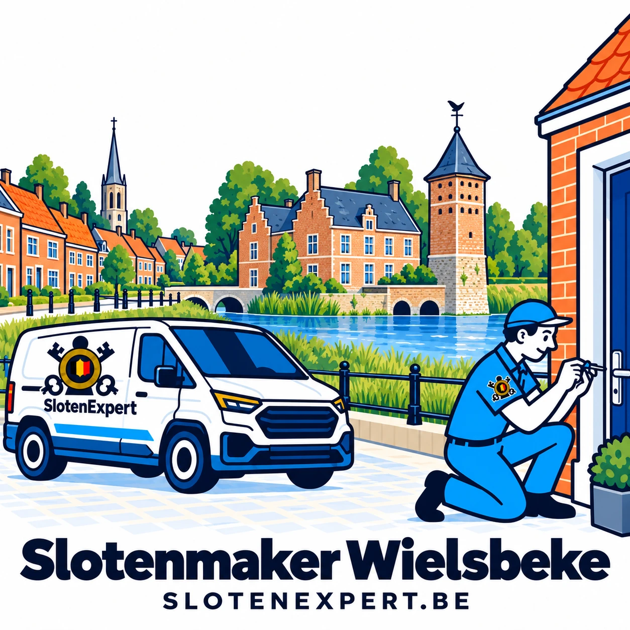 Blauwe SlotenExpert-technieker met camionette en lokale skyline voor Wielsbeke