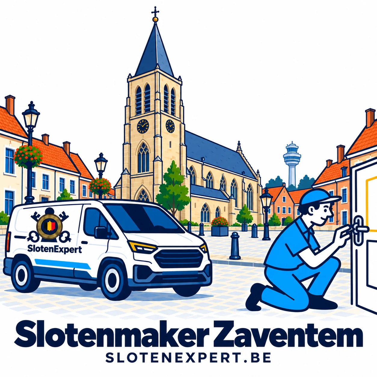Blauwe SlotenExpert-technieker met camionette en lokale skyline voor Zaventem