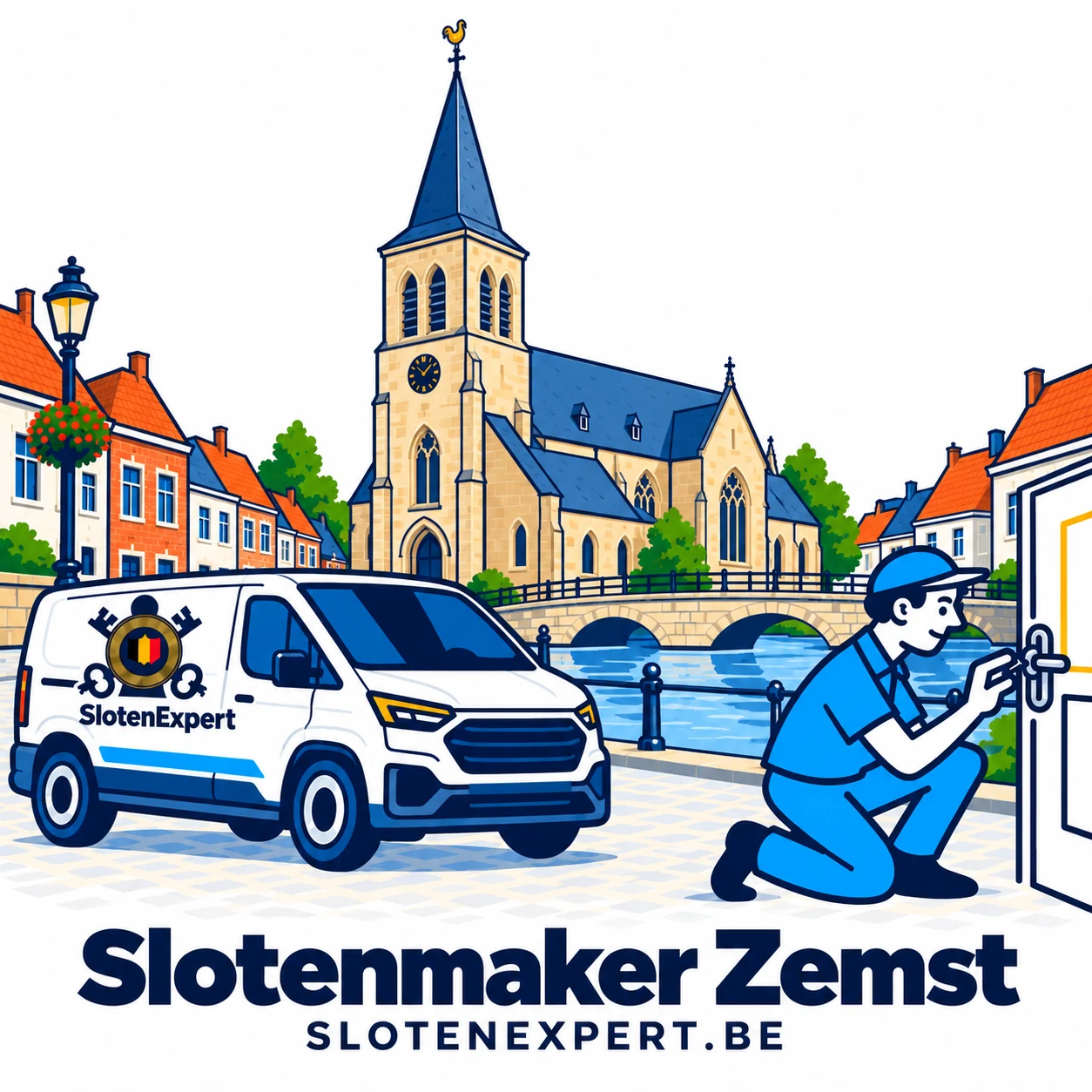 Blauwe SlotenExpert-technieker met camionette en lokale skyline voor Zemst