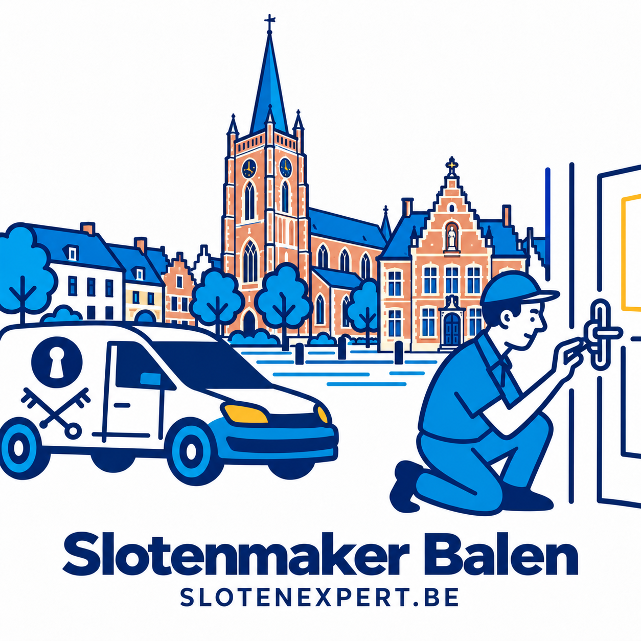 Blauwe SlotenExpert slotenmaker met camionette en geïllustreerd dorpsbeeld van Balen